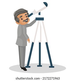 Scientist is watching the sky with a telescope. Vector graphic illustration. Individually on a white background.