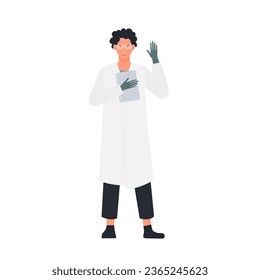 Scientist with waving hand. Smiling research specialist with welcome gesture vector illustration