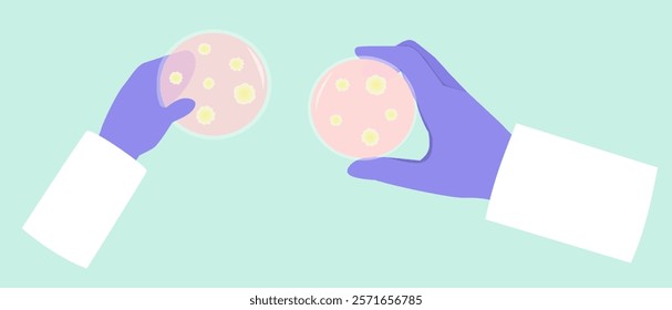 scientist wear glove and holding petri dish bacterial colony or fungi colony. laboratory equipment illustration