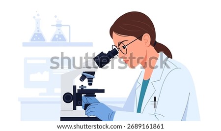 A scientist wearing glasses and a lab coat examines a sample through a microscope. Laboratory equipment is visible in the background.