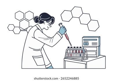 Um cientista vestindo luvas e jaleco trabalha com uma pipeta e tubos de ensaio, cercados por diagramas moleculares abstratos e equipamentos de laboratório.