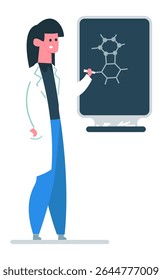 Cientista vestindo jaleco de laboratório desenhando fórmula química em quadro-negro com pedaço de giz durante a aula de ciências, ensinando química na universidade ou na escola