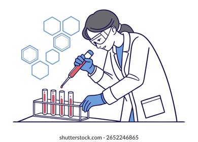 Um cientista usando equipamento de proteção realiza um experimento, adicionando precisamente líquido aos tubos de ensaio. Formas hexagonais abstratas sugerem pesquisa científica e descoberta.