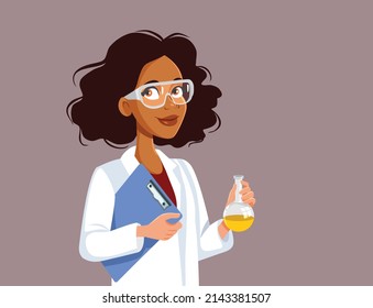 
Scientist Wearing Protective Glasses Doing Research Vector Cartoon Illustration. Female research student doing an experiment wearing a lab coat
