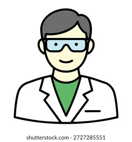 A scientist wearing protective goggles and a lab coat is illustrated in a simple graphic style