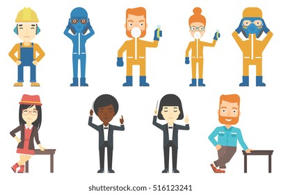 Scientist wearing radiation protective suit and respirator holding test tube. Scientist in protective suit clutching his head. Set of vector flat design illustrations isolated on white background.