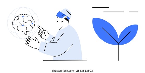 A scientist wearing VR equipment points at a virtual brain, while a simple blue plant symbolizes growth next to him. Ideal for technology, science, innovation, research, and environmental themes