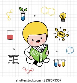 The scientist wearing white coat holding BIO textbook in laboratory with science equipment in cartoon character for graphic designer,  Vector illustration