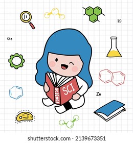 Científico con capa blanca en laboratorio con equipo científico en caricatura para diseñador gráfico, ilustración vectorial