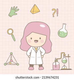The scientist wearing white coat in laboratory with microscope, magnet and science equipment in cartoon character for graphic designer,  Vector illustration
