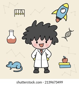 The scientist wearing white coat scientific laboratory equipment, spaceship, rat and test tube in cartoon character for graphic designer,  Vector illustration