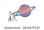 Scientist wearing a white lab coat using a telescope to observe planet Saturn representing space exploration and astronomical research study.