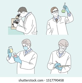 The scientist is wearing a white robe and doing various studies. hand drawn style vector design illustrations.