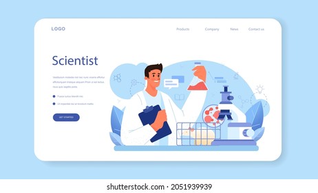 Scientist web banner or landing page. Idea of education and innovation. Biology, chemistry, medicine and other subjects systematic study. Isolated flat illustration