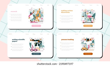 Scientist web banner or landing page set. Idea of education and innovation. Biology, chemistry, medicine and other subjects systematic study and research. Flat vector illustration