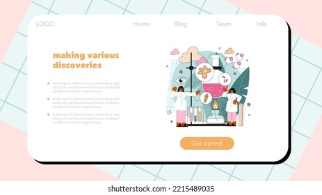 Scientist web banner or landing page. Idea of education and innovation. Biology, chemistry, medicine and other subjects systematic study and research. Flat vector illustration