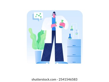 A scientist in a white coat holds test tubes, surrounded by laboratory. Vector illustration