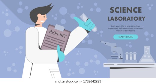 Scientist in white lab coat holding research report and perform science experiment. Flat design character vector illustration.