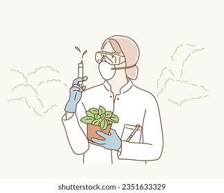 A scientist in a white medical gown cares for plants. Hand drawn style vector design illustrations.