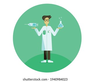 Scientist In A White Rob Holding Laboratory Flask And Vaccine