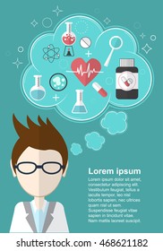 Scientist who thinks about health and medicine with space for your text. Vector illustration