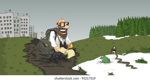 Scientist will watch a frog and snake in the snow