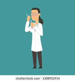scientist woman chemist conducting an experiment. a scientist holds chemical flasks in his hands. Vector illustration isolated on white background.