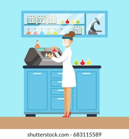 Scientist woman conducting research in a lab, interior of science laboratory, vector Illustration