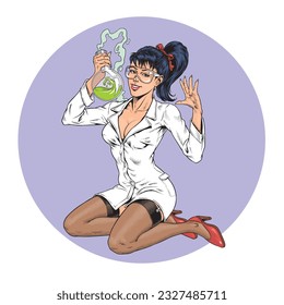 Scientist woman in a lab coat sitting and holding a flask with a green substance, isolated on a white background. Chemical experiment. Retro pin up style vector illustration