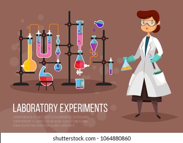 Scientist woman at laboratory or teacher doing chemical experiment. Chemist or pharmacist near glassware flask and tubes. Biology and chemistry, experiment and education, research theme