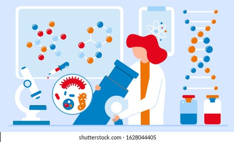 Scientist woman in laboratory working antivirus vaccine search with microscope coronavirus bacteria vector illustration banner. Atom, molecule, viruses analyzing. Medical chemical biological science