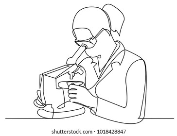 Scientist Woman Looking Through Microscope In Laboratory. Continuous Line Drawing. Vector Illustration On White Background