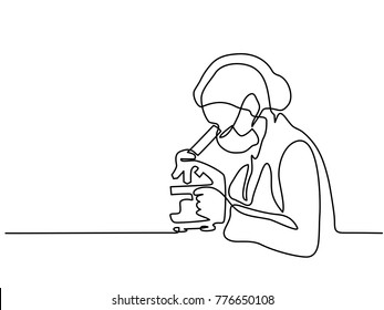 Scientist woman looking through microscope in laboratory. Continuous line drawing. Vector illustration on white background