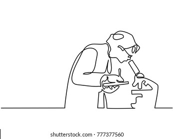 Scientist woman looking through microscope in laboratory  Continuous line drawing  Vector illustration white background