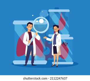 Scientist woman and man with magnifier explore human organs, flat vector illustration. Concepts of bioartificial organ manufacturing and bioengineering.