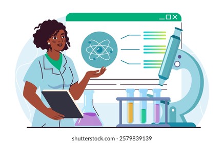 Scientist woman with microscope. Young girl in medical uniform in laboratory. Scientist conducts research on chemicals and reagents. Chemistry and biochemistry. Flat vector illustration