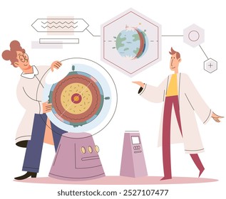 Mujer científica. Ilustración vectorial. Los bioquímicos estudian los procesos químicos dentro de los organismos vivos La investigación genética ofrece información sobre la herencia y el funcionamiento de los genes La medicina sigue evolucionando