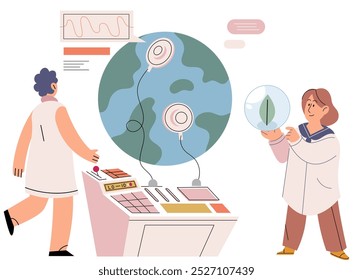 Scientist woman. Vector illustration. Biotechnology harnesses biological systems for technological applications Technology has revolutionized scientific research and analysis Microbiology explores