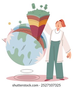 Mujer científica. Ilustración vectorial. La geología continúa evolucionando con la ayuda de descubrimientos científicos Profesores en campos científicos inspiran a la próxima generación de científicos El concepto de mujer científica