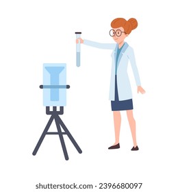 Scientist woman, vector illustration isolated on white background. Cute young lady, redhead female character with glasses, holding a test tube in hands, scientific equipment nearby. Flat cartoon style