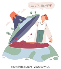 Mujer científica. Ilustración vectorial. Investigación científica en el núcleo del volcán para mejorar los resultados de la Tierra Los científicos desempeñan un papel crucial en el cuidado de la Tierra y la gestión de la ecología