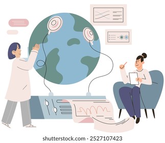 Scientist woman. Vector illustration. Scientists are constantly expanding our knowledge through scientific research Women play crucial role in advancing scientific discoveries Scientific advancements