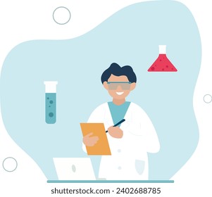 Scientist at work, character conducting experiments in lab.flat vector illustration.
