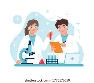 Scientist at work, characters conducting experiments in lab. Vector illustration in flat style