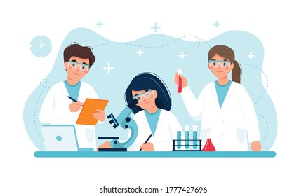Scientist at work, characters conducting experiments in lab. Vector illustration in flat style - Shutterstock ID 1777427696
