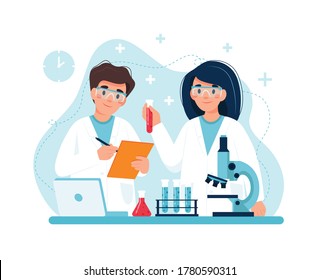 Scientist at work, characters conducting experiments in lab. Vector illustration in flat style