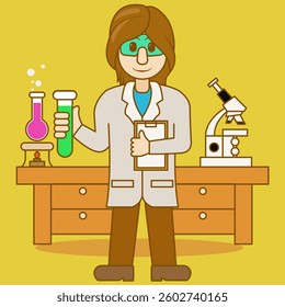 Scientist at work, chemist characters conducting experiments in lab. Vector illustration in flat style