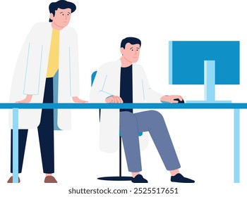 Scientist work at computer desk. Professional laboratory teamwork