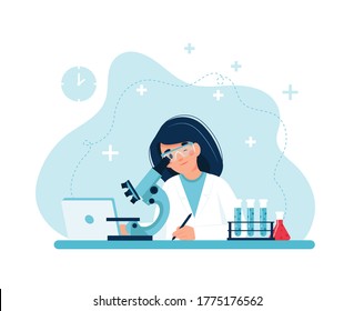 Scientist at work, female character conducting experiments with microscope. Vector illustration in flat style