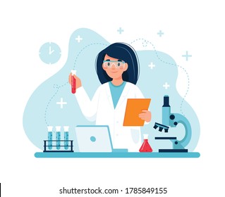 Scientist at work, female character conducting experiments in lab. Vector illustration in flat style